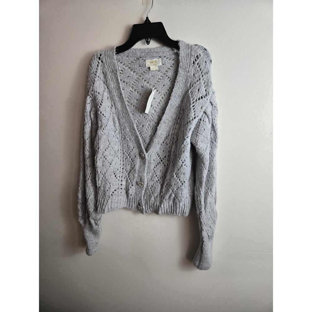 Anthropologie Maeve Pointelle Chunky Knit Cardigan Grey Rhinestone Button XS
